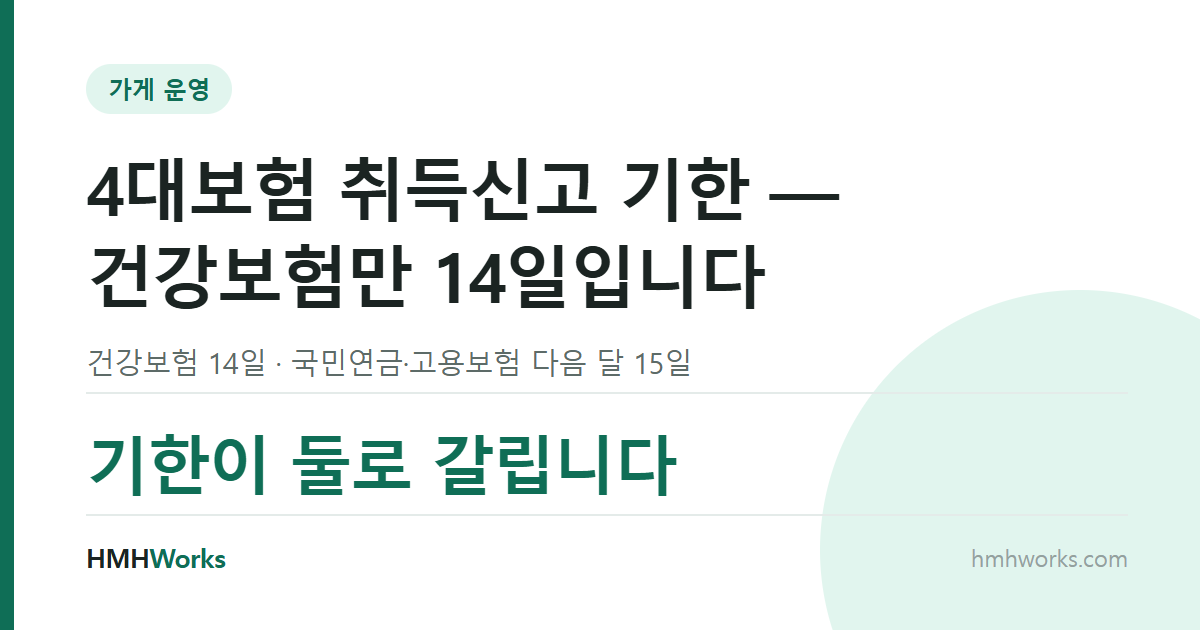 4대보험 취득신고 기한 — 건강보험만 14일입니다